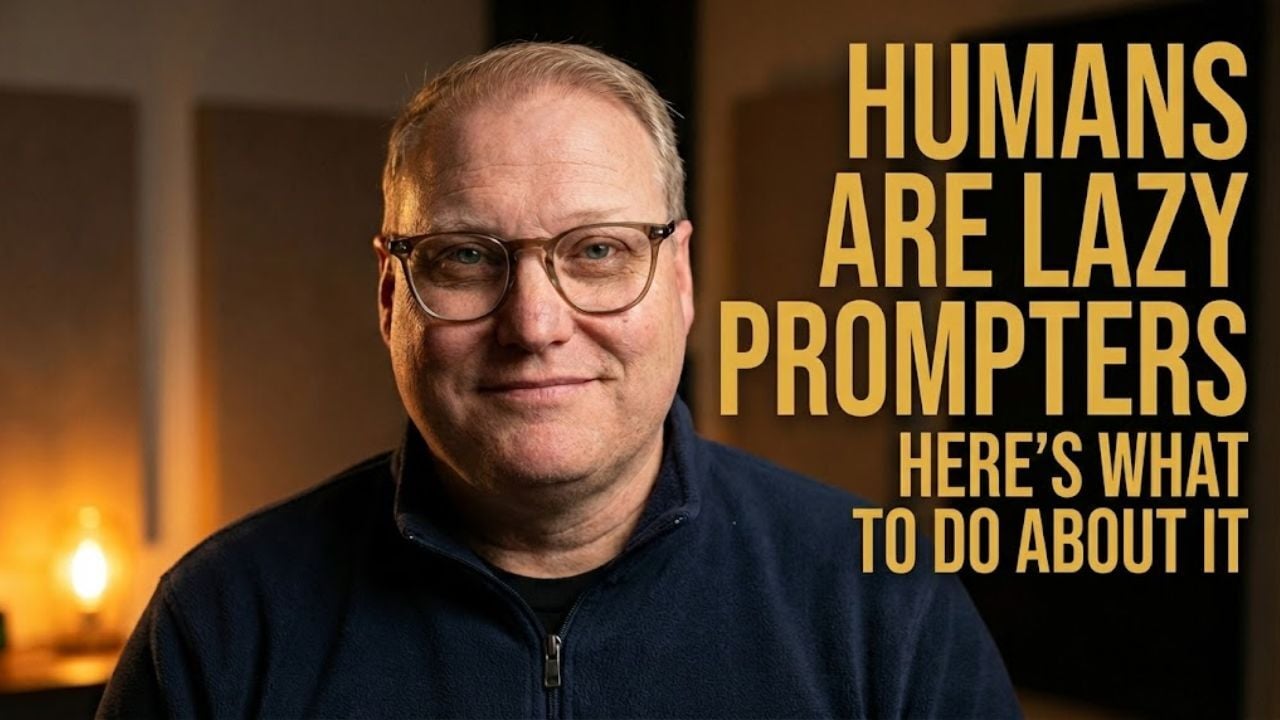 tim lockie with the human stack logo glowing in the background and big gold letters that say humans are lazy prompters here's what to do about it