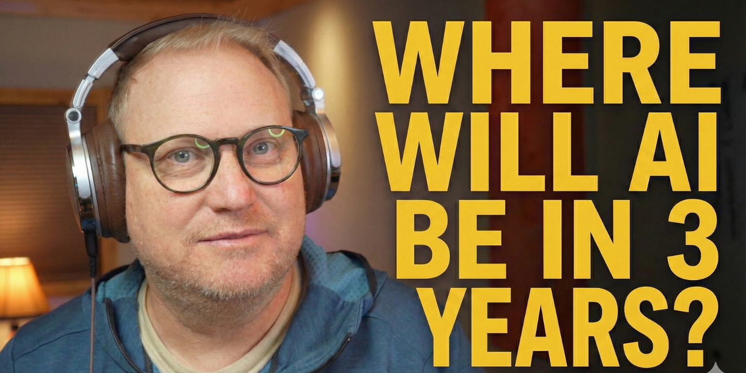 tim lockie in his podcast studio with headphones and large letters 