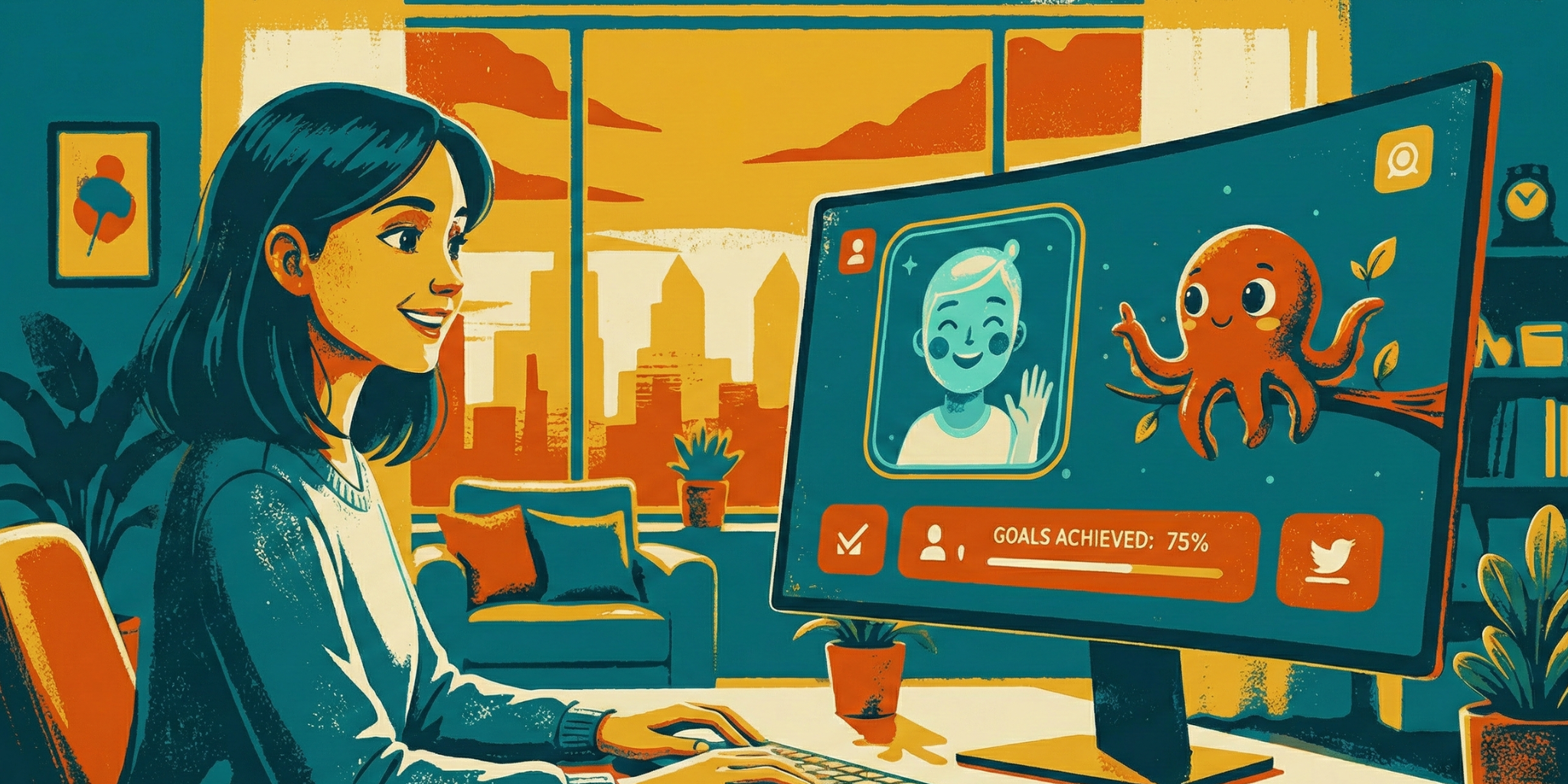 A stylized illustration of a woman smiling at a computer monitor showing a progress bar that reads 'Goals Achieved: 75%' alongside a friendly orange octopus mascot.